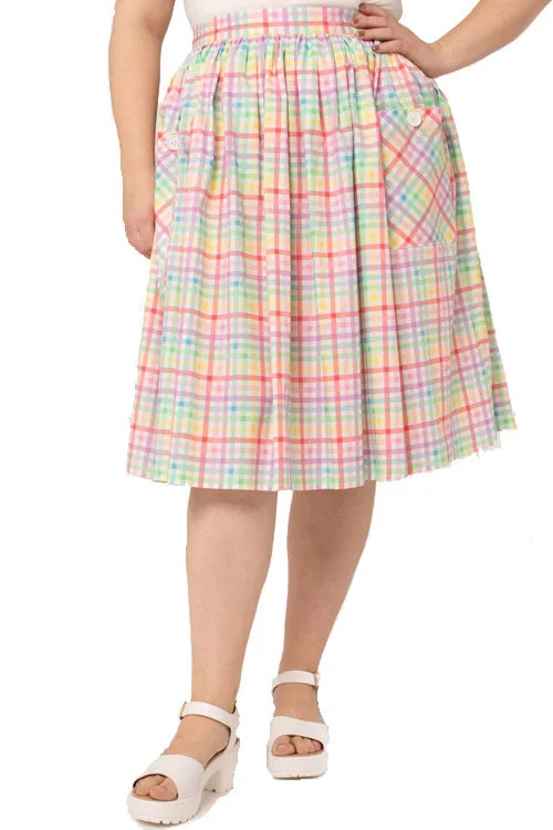 Women's High-Low Skirts-Hell Bunny Suzon Skirt Rainbow Gingham Plaid Check