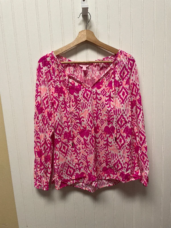 Women's Frill Blouses-Pink & White Top Long Sleeve Designer Lilly Pulitzer, Size S