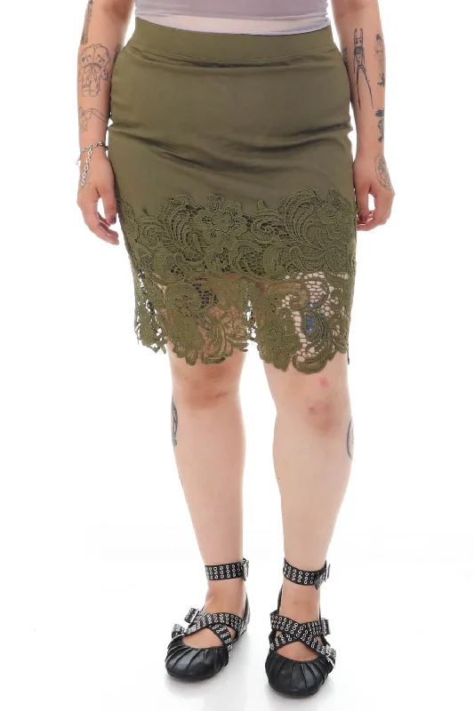 Women's Fleece A-Line Skirts-Vintage Y2K Green Floral Lace Pencil Skirt - XL/2X