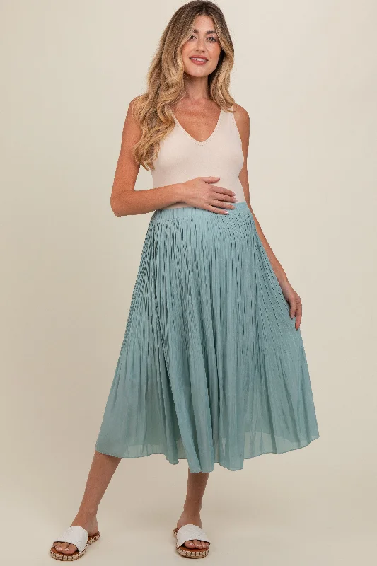 Women's Tulle Pencil Skirts-Blue Pleated Maternity Midi Skirt