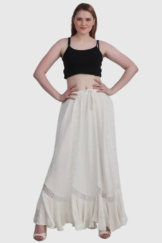 Women's Button-Front Pleated Skirts-Embroidered Maxi Skirt in White