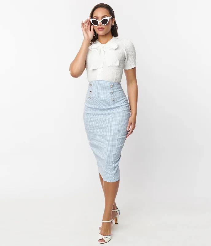 Women's Waterproof Ruffle Skirts-Unique Vintage Blue & White Gingham Sailor Sierra Pencil Skirt