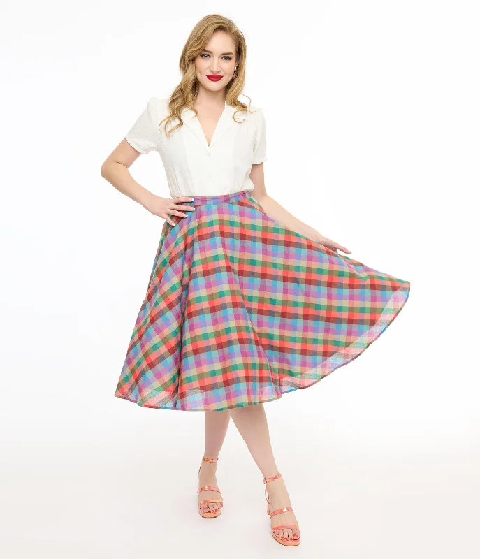 Women's Holiday Skirts-Magnolia Place 1950s Multicolor Madras Plaid Cotton Sally Swing Skirt