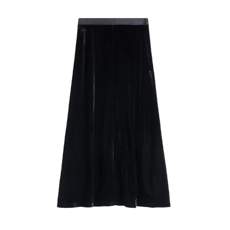 Women's High-Waisted Ruffle Skirts-Velour Midi Skirt | Black [Final Sale]