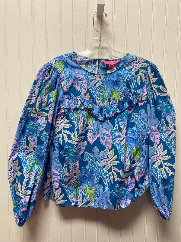 Women's Plaid Shirts-Blue Top Long Sleeve Designer Lilly Pulitzer, Size S