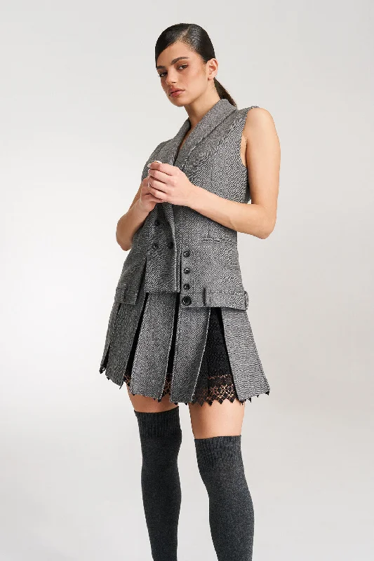 Women's Fashion Skirts-'Maeve' Grey Wool Pleated Lace-trimmed Mini Skirt