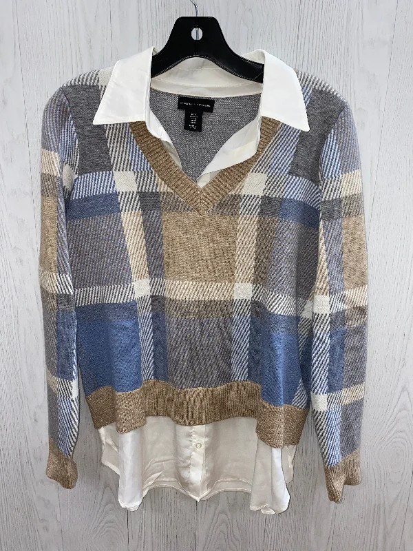 Women's Hooded Pullovers-Sweater By Adrienne Vittadini In Blue & Tan, Size: M