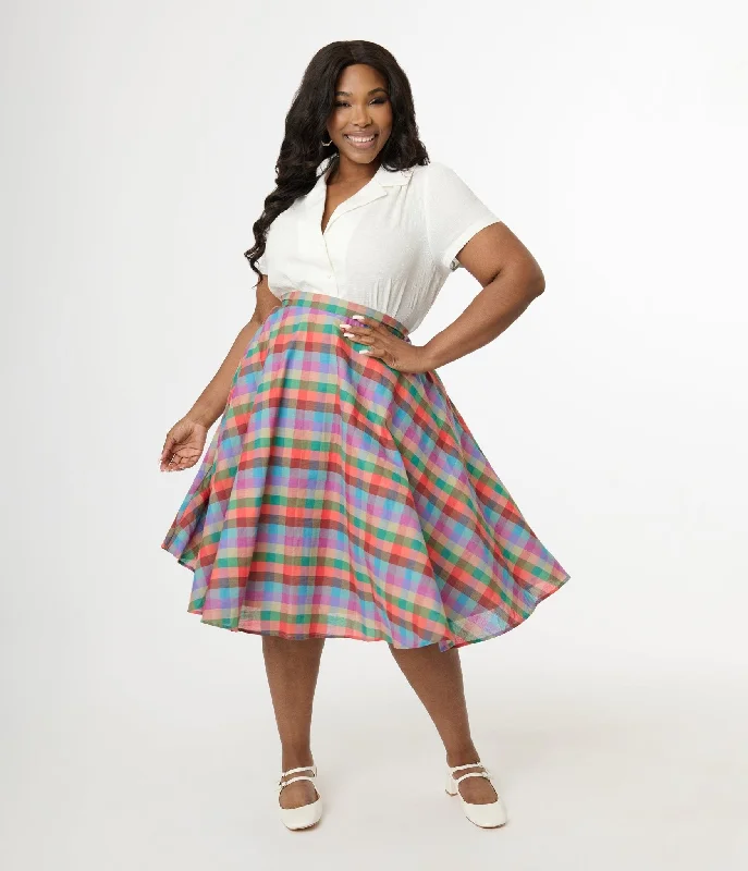 Women's Insulated Floral Skirts-Magnolia Place Plus Size 1950s Multicolor Madras Plaid Cotton Sally Swing Skirt