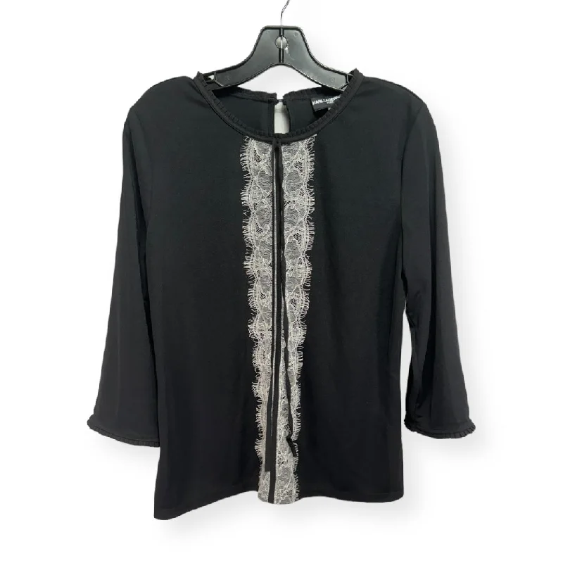 Women's Bohemian Blouses-Black & White Top Long Sleeve Designer Karl Lagerfeld, Size M