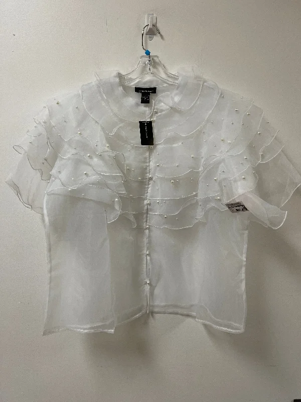 Women's Ruffle Neck Blouses-Top Short Sleeve By Ashley Stewart In White, Size: 2x