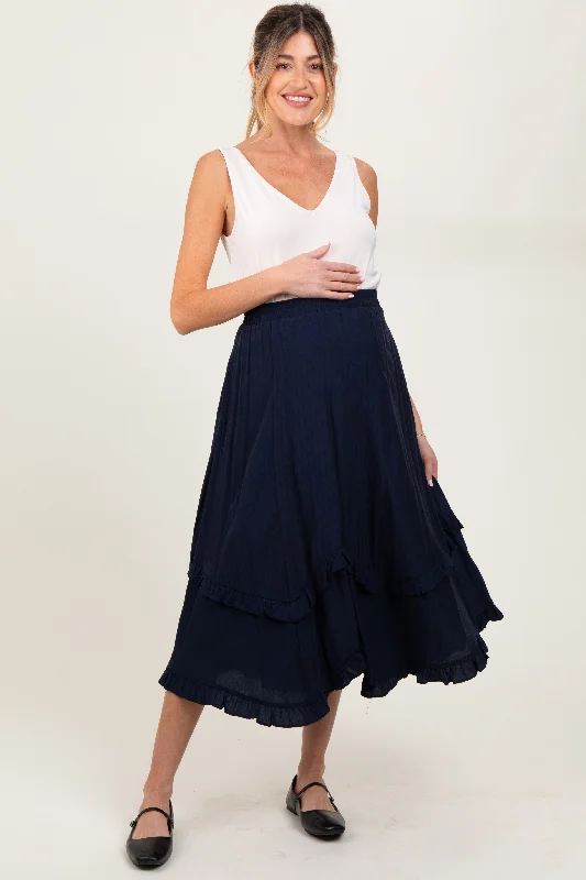 Women's Sequin Skirts-Navy Ruffle Tiered Maternity Midi Skirt