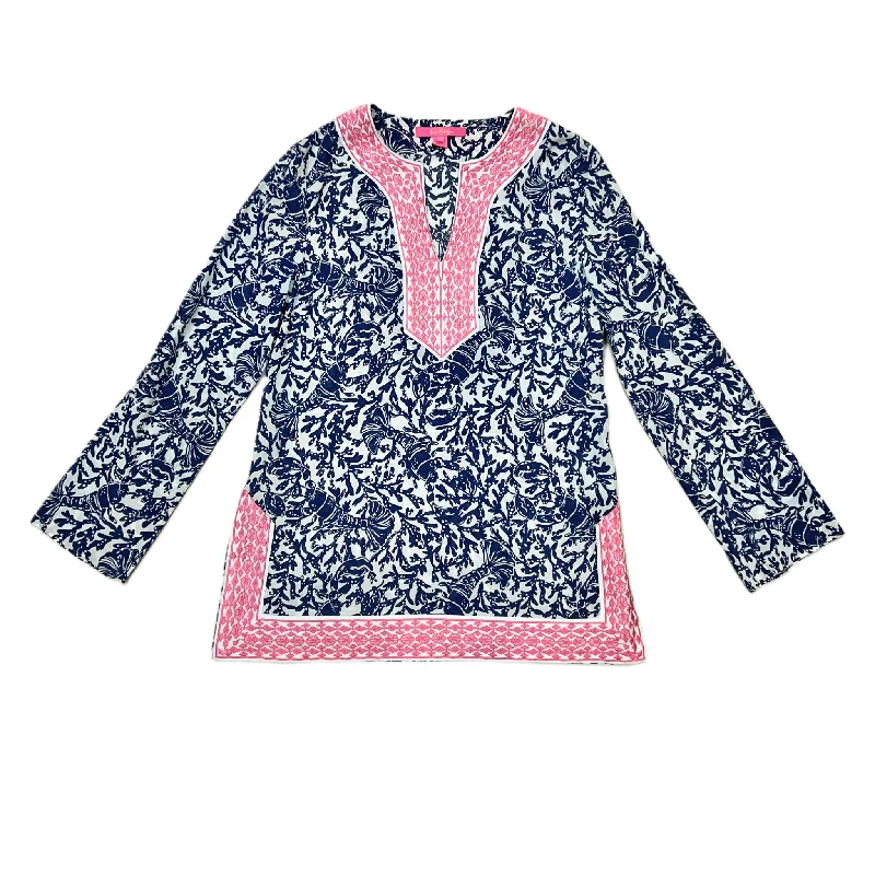 Women's Lace Yoke Blouses-Top Long Sleeve Designer By Lilly Pulitzer In Pink/blue, Size: Xs