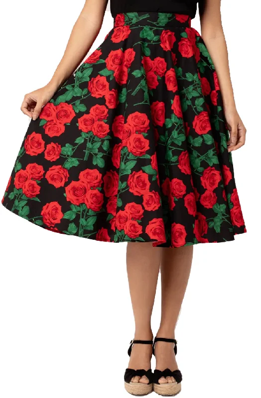 Women's Insulated Denim Skirts-Hell Bunny Dolce Vita Skirt Red Roses on Black