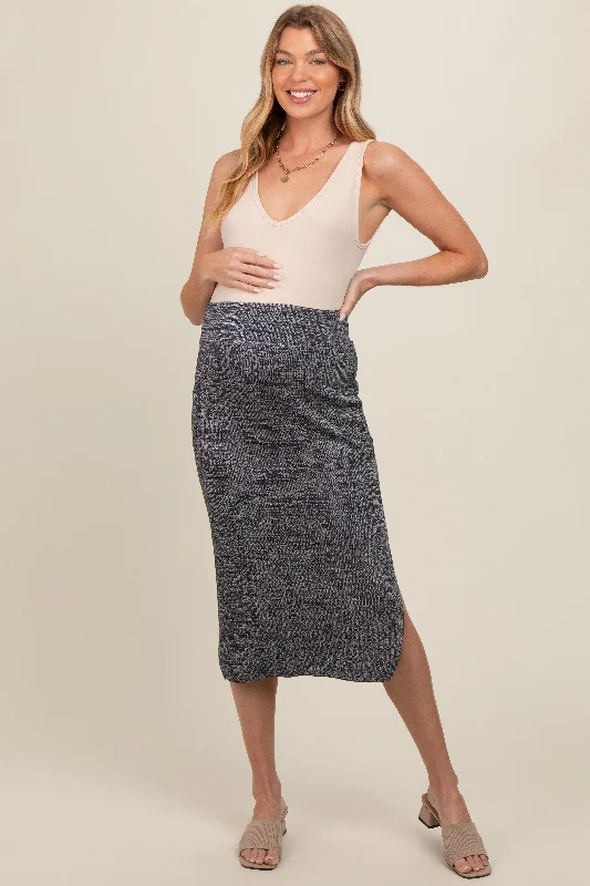 Women's Windproof Pleated Skirts-Charcoal Knit Fitted Side Slit Maternity Midi Skirt