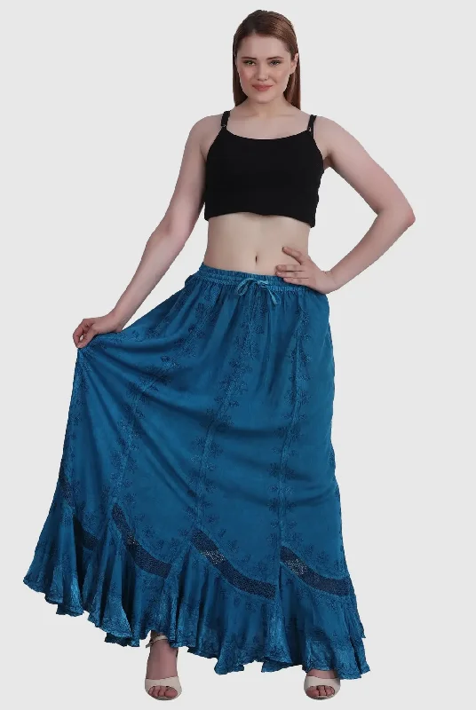 Women's Button-Front Floral Skirts-Embroidered Maxi Skirt in Teal