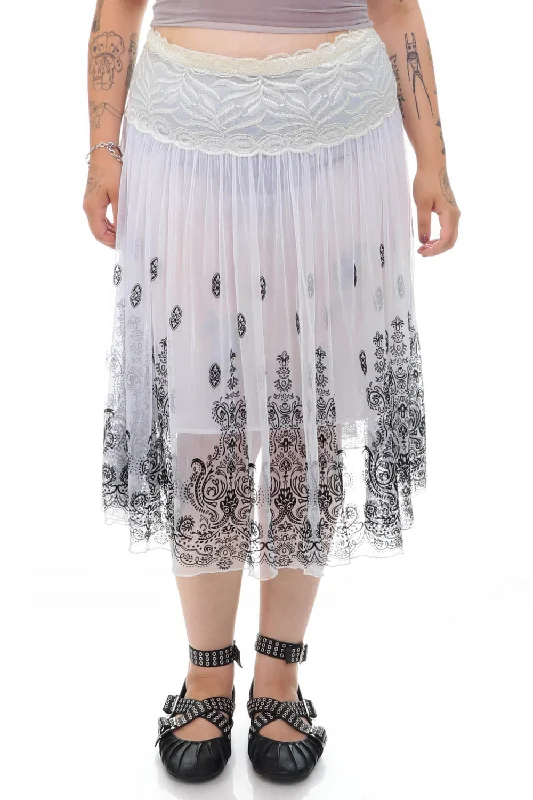 Women's Evening Skirts-Vintage Y2K White Lace Mesh Black Paisley Skirt - XL/2X