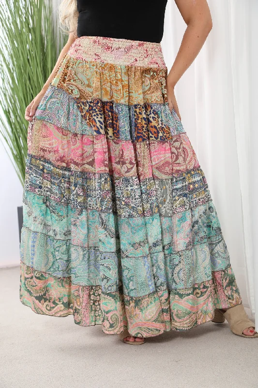 Women's Office Skirts-Boho Patchwork skirt Light