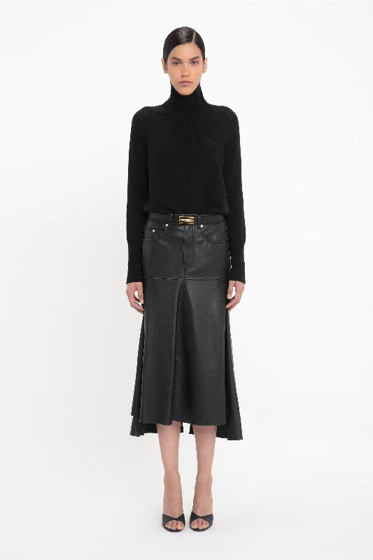 Women's High-Waisted Floral Skirts-Panelled Flare Skirt In Soft Black Leather