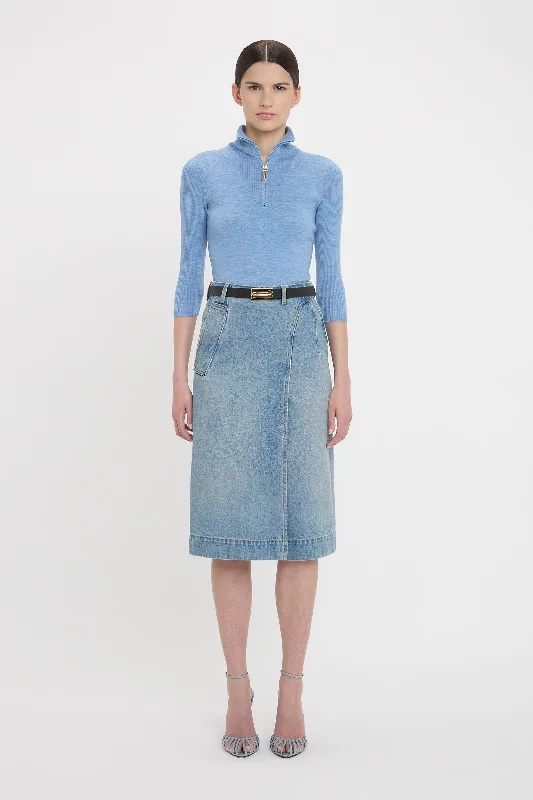 Women's Lace Ruffle Skirts-Denim Wrap Detail Skirt In Pale Blue Wash