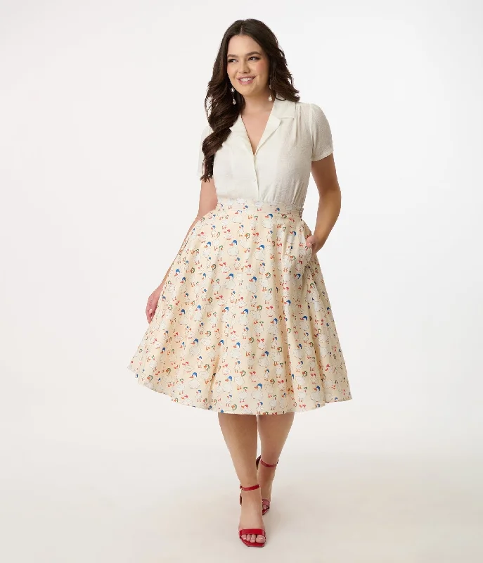 Women's Low-Waisted Pencil Skirts-1950s Cream & Duck Print Cotton Swing Skirt