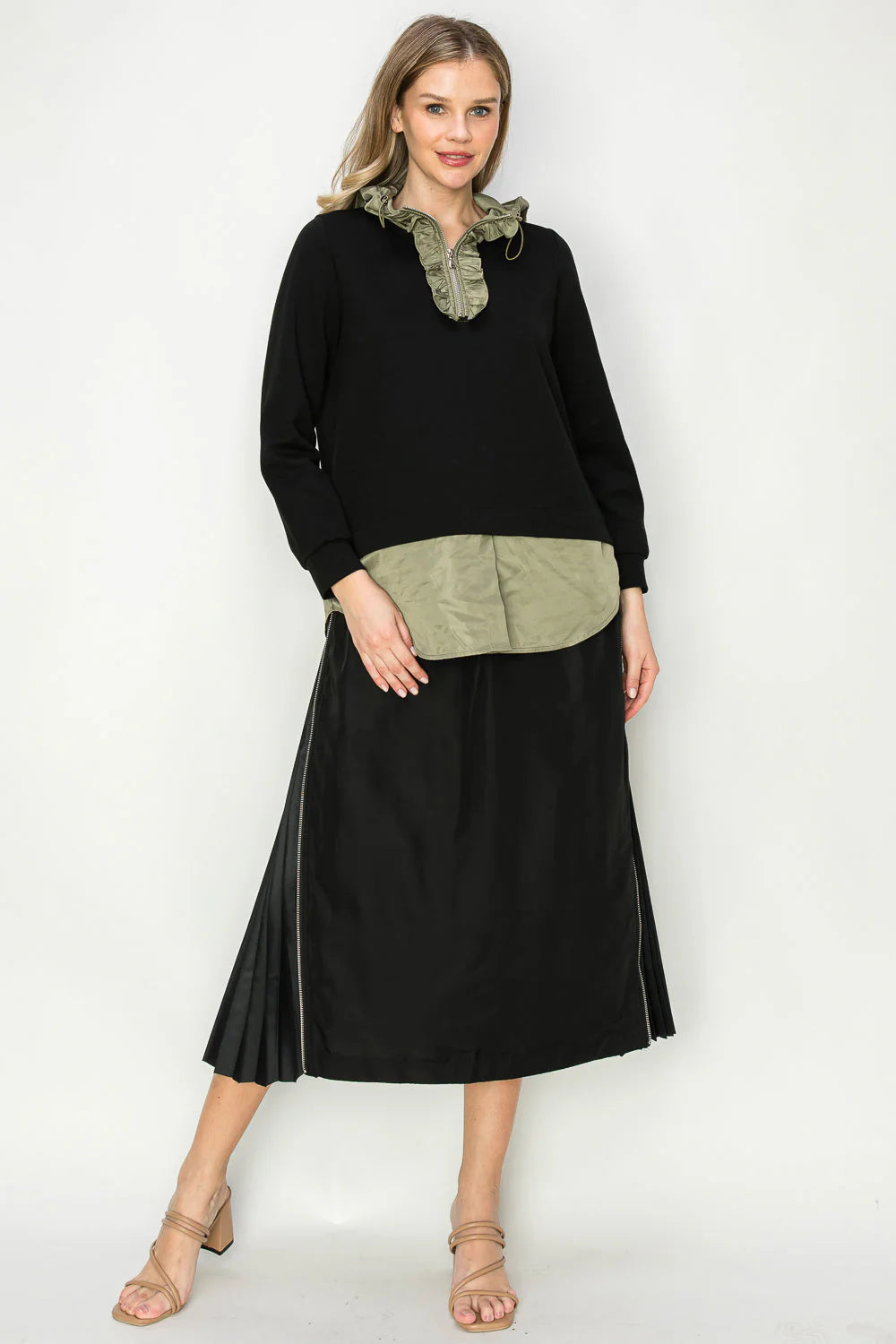 Women's Lace Denim Skirts-Jelani Skirt w/Pleated Zipper Sides in Black by Joh