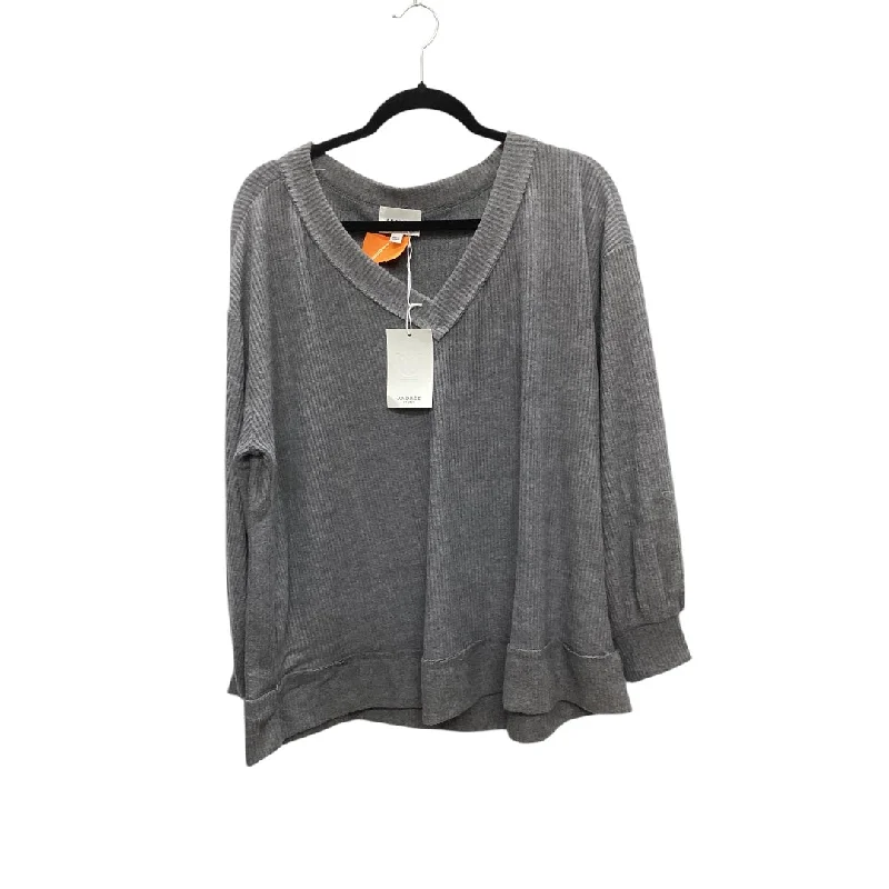 Women's Shirred Blouses-Top Long Sleeve By Andree By Unit In Grey, Size: 1x