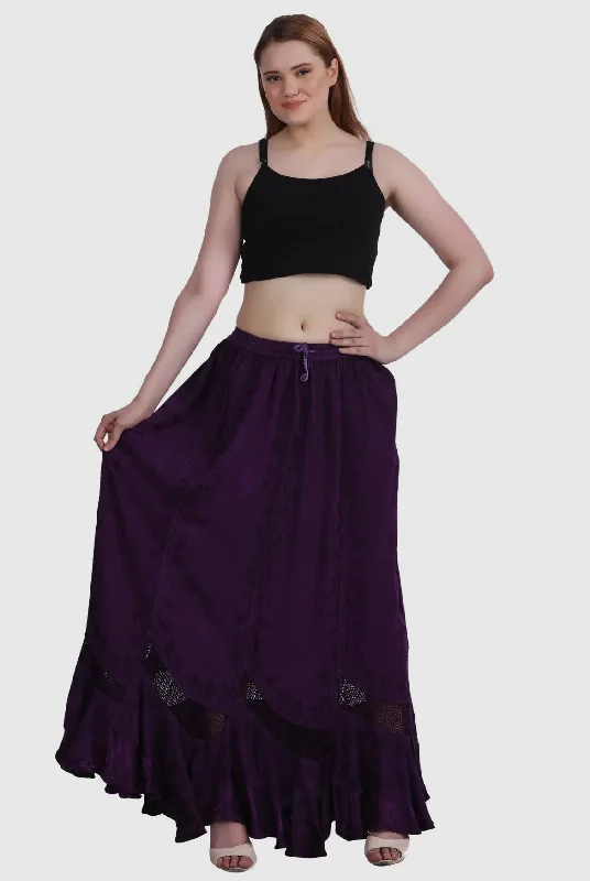 Women's Button-Front A-Line Skirts-Embroidered Maxi Skirt in Purple