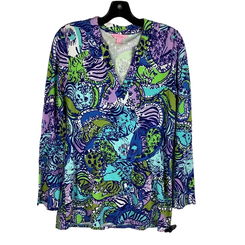 Women's Layered Tops-Blue & Green Top Long Sleeve Designer Lilly Pulitzer, Size S