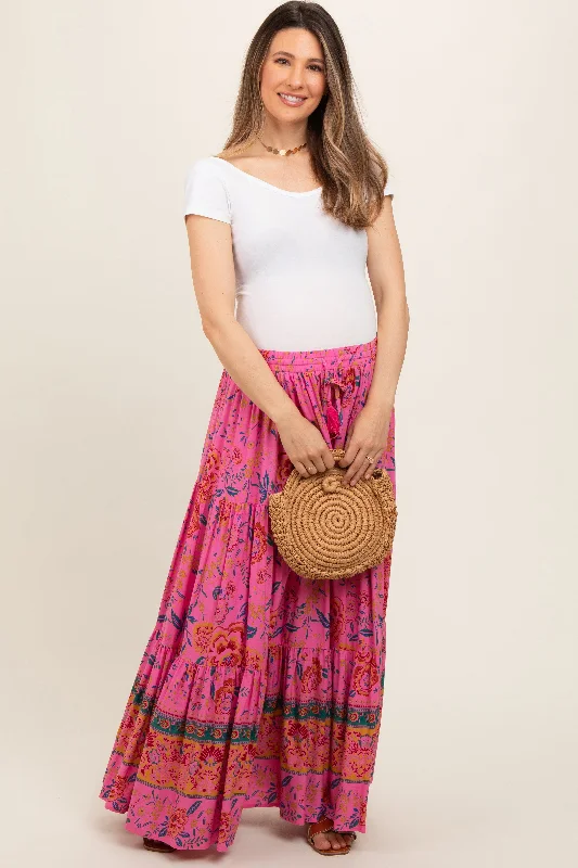 Women's Bohemian Skirts-Pink Floral Tiered Maternity Maxi Skirt