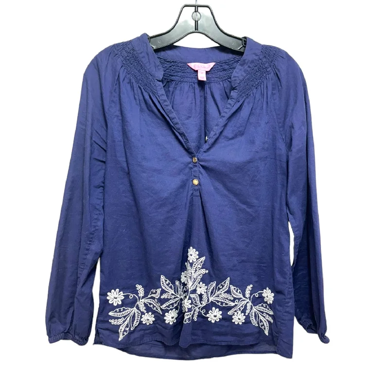 Women's Button-Down Blouses-Elsa Embroidered Pullover Top Designer By Lilly Pulitzer In Blue & White, Size: S