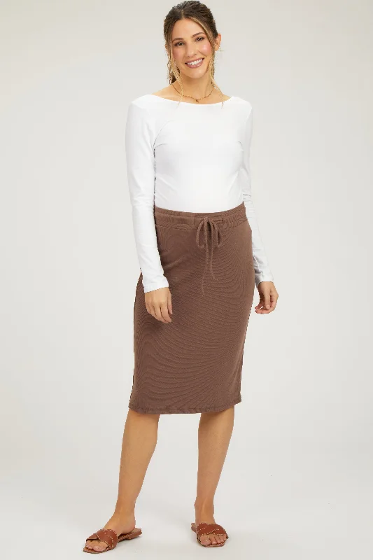 Women's Abstract Skirts-Brown Drawstring Maternity Midi Skirt