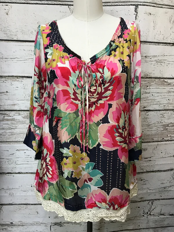 Women's Cutout Blouses-Floral Print Top Long Sleeve Luxury Designer Johnny Was, Size Xs