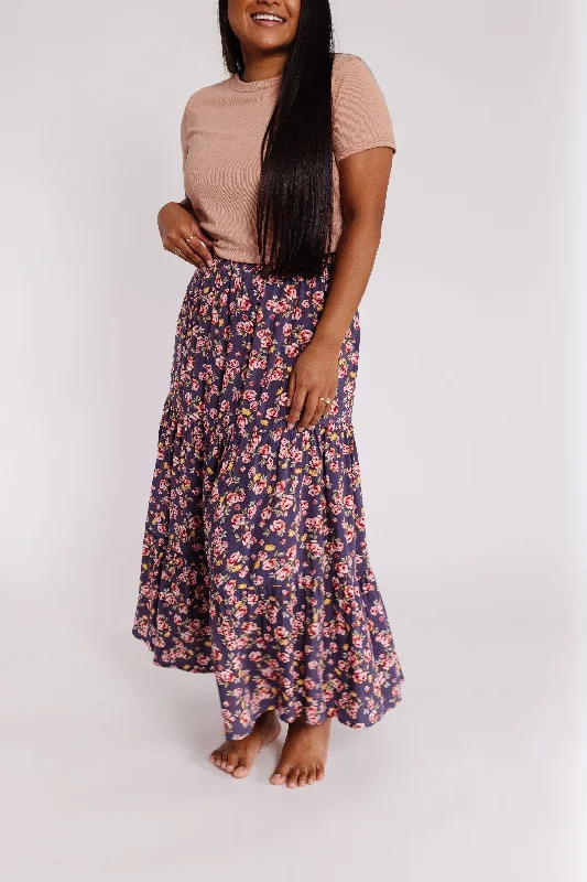 Women's Sequin Pleated Skirts-Mabel Skirt in Navy Floral