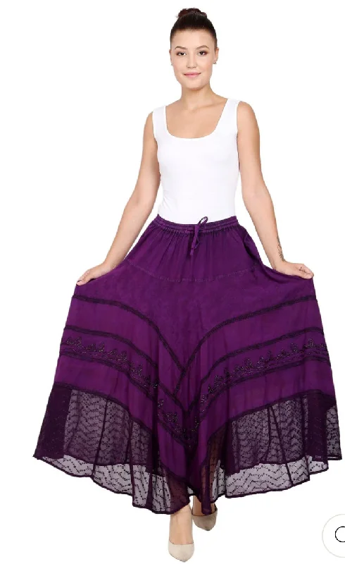 Women's Checkered Skirts-Embroidered Maxi Skirt w/Chiffon in Purple