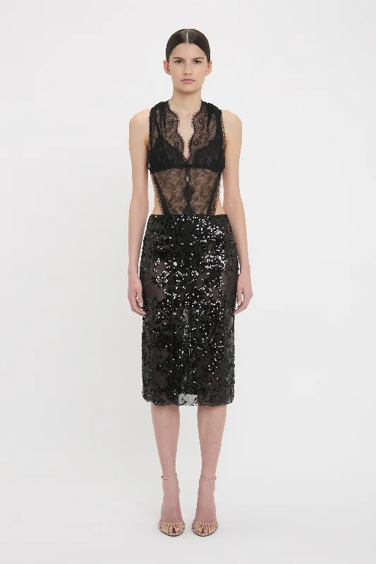 Women's Low-Waisted Pencil Skirts-Sheer Sequin Pencil Skirt In Black