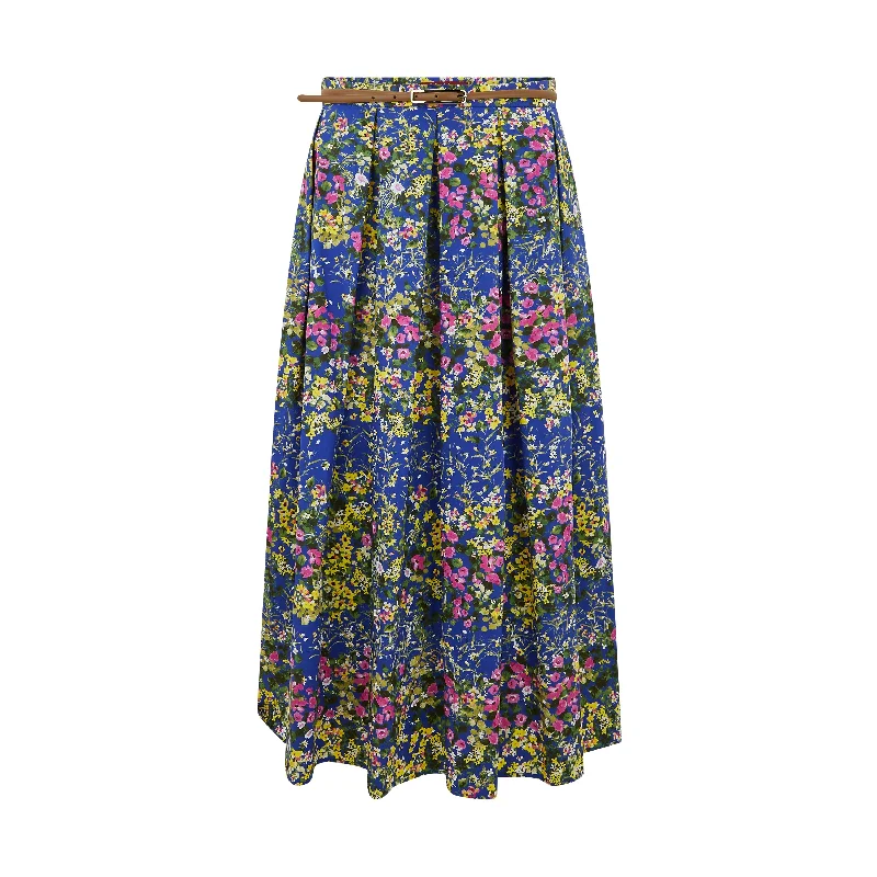 Women's High-Waisted Floral Skirts-Moresca Floral Print Cotton Poplin Pleated Skirt