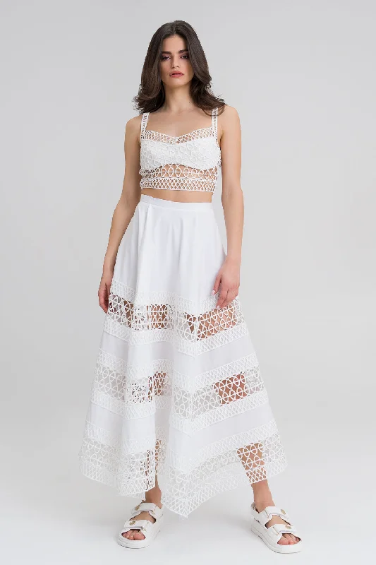 Women's Tulle Ruffle Skirts-Nora White Cotton Blend embroided maxi skirt