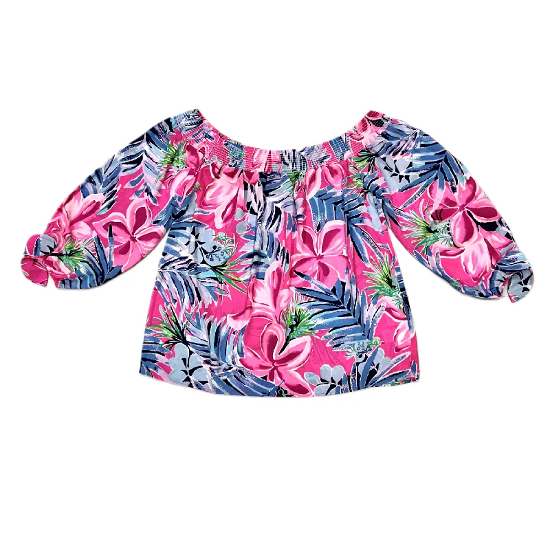 Women's Stripe Print Blouses-Flowered Top Long Sleeve Designer By Lilly Pulitzer, Size: S