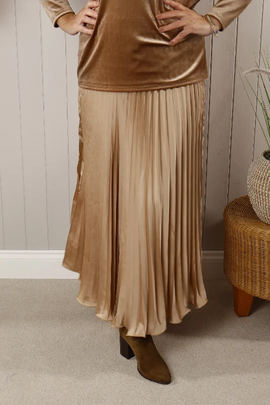 Women's Fringe Ruffle Skirts-Satin Pleated Skirt Gold