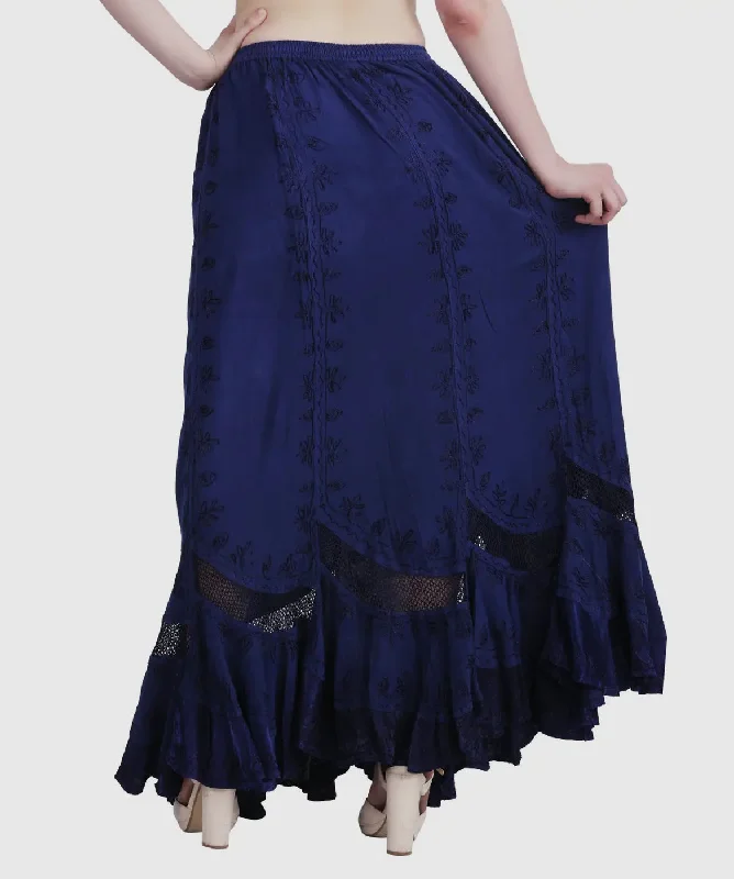 Women's Zip-Up Pleated Skirts-Embroidered Maxi Skirt in Dark Royal Blue