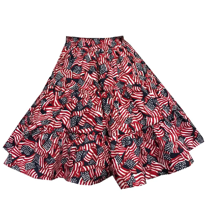 Women's Button-Front Denim Skirts-Flag Print Square Dance Skirt