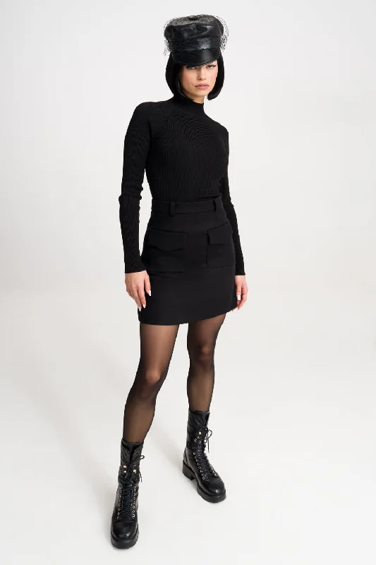 Women's Ribbed Pencil Skirts-'Emma' Black Wool Mini Skirt