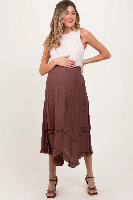 Women's Silk A-Line Skirts-Mocha Ruffle Tiered Maternity Midi Skirt