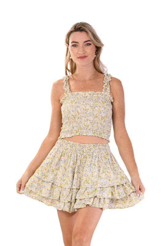 Women's Textured A-Line Skirts-Lexi Set Skirt / Yellow Mini Flower