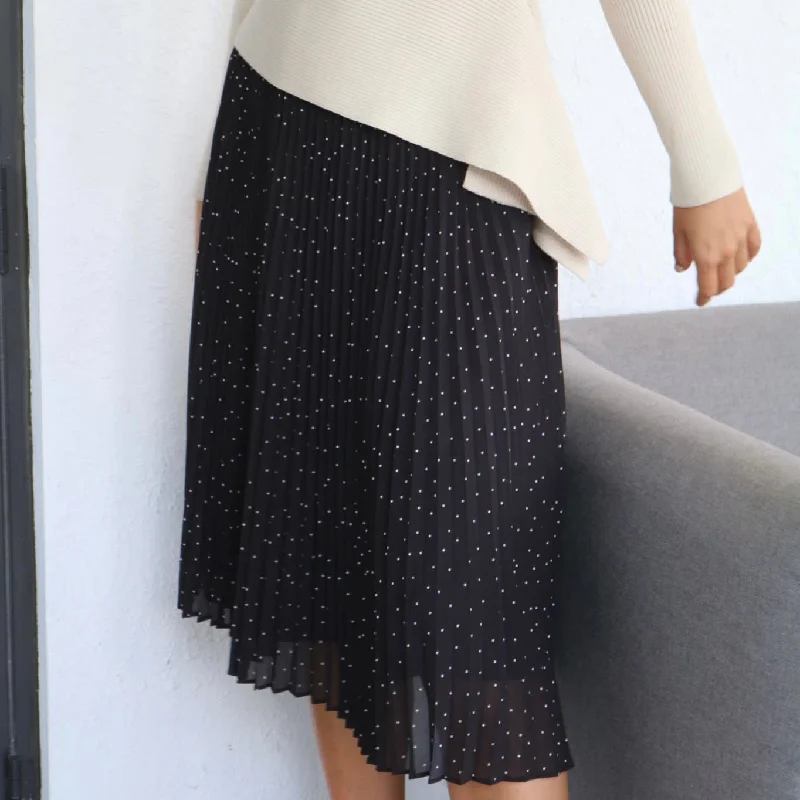 Women's Fringe A-Line Skirts-Pleated Polka Dot Skirt| Black  [Final Sale]