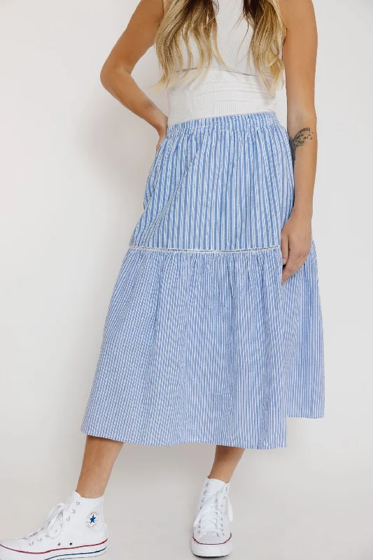 Women's Silk Floral Skirts-Gravity Skirt in Blue Stripe