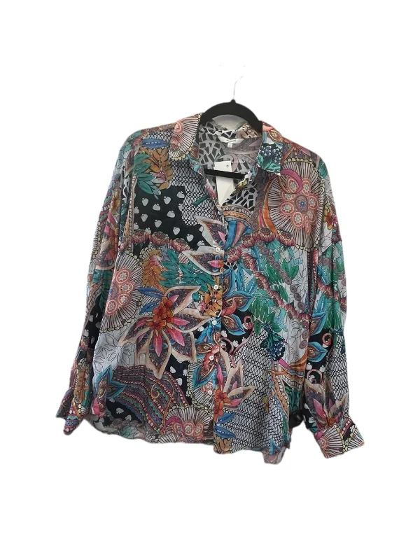 Women's Chiffon Shirts-Top Long Sleeve Designer By Desigual In Multi-colored, Size: L