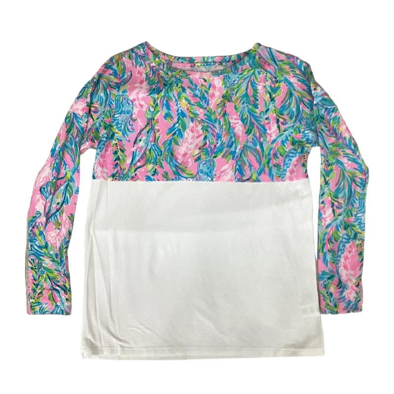 Women's Drawstring Blouses-Pink & White Top Long Sleeve Designer Lilly Pulitzer, Size Xs