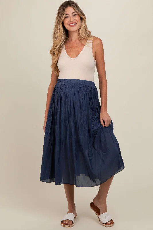 Women's Vintage Skirts-Navy Blue Pleated Maternity Midi Skirt