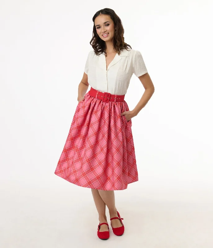 Women's Lace Pleated Skirts-Unique Vintage 1950s Pink & Red Plaid Belted Gellar Swing Skirt